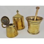 A bronze mortar, height 10cms, a pestle, caddy box, and a seven pound weight inkwell, (4).