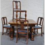 Oak dining suite, comprising sideboard, draw-leaf table and four chairs, (6).