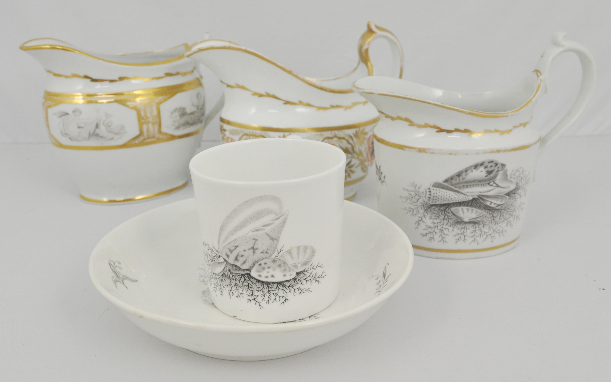 Three Miles Mason jugs and a coffee can and saucer, (5). - Image 2 of 2