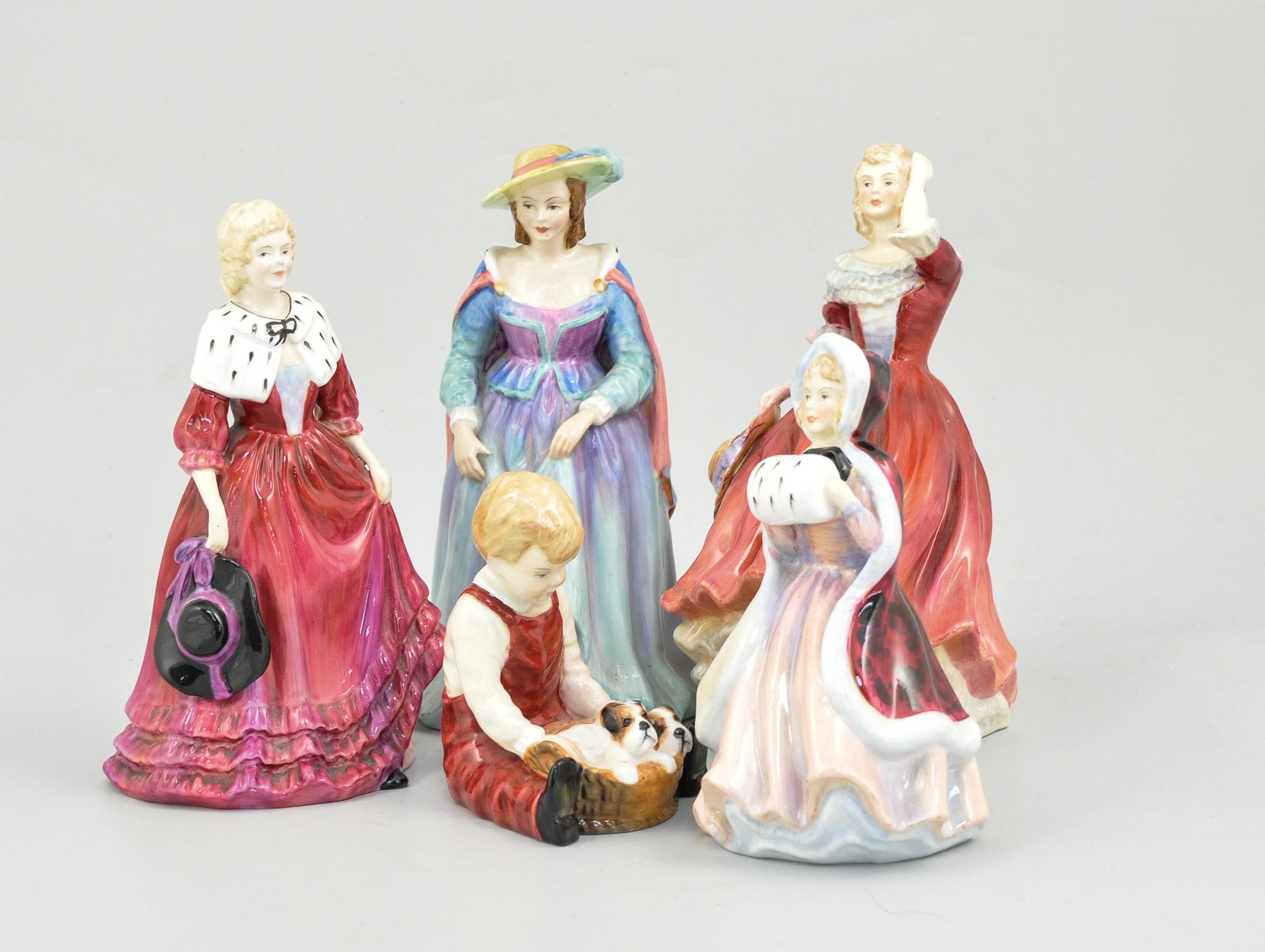 Paragon bone china figure, Lady Melanie, 20cm and six others, Lady Cynthia, Spring, Lady Isabelle,