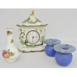 A Masons pottery mantel clock and decorative china.