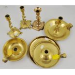 Five various brass candlesticks and chambersticks, (7).