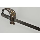 Victorian Officers sword, engraved blade, pierced part gilt basket hilt, wire bound grip,