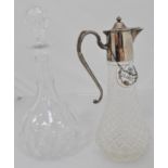 A cut glass cocktail shaker 26cm, jug, two decanters and a plated claret jug, (5).