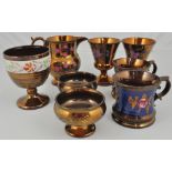 Victorian copper lustre goblet, 11cm and other copper lustre, (8).