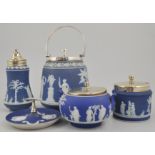 Wedgwood blue Jasper biscuit barrel, EP mounts, 23cm, other Jasper ware and three cabinet plates.