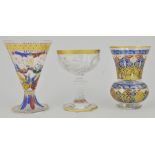 Venetian style enamelled soda glass beaker, 14cm, another beaker and a Bohemian champagne, (3).