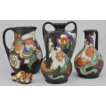 Gouda vase, twin handled, height 19cm, three jugs and a clog, (5).