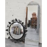 Oak mantel clock, 41cm, an iron framed mirror and a hall mirror, (3).