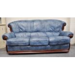 Blue leather three seat sofa, 210cm.