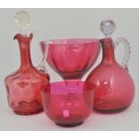 Cranberry glass jug, 12cm, decanters, plate, bowls, etc (9).