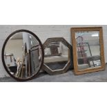 Octagonal bevel edged mirror, metal frame, 44cm and two others, (3).
