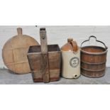 A coopered well bucket, a square section log bin, a stoneware flagon and a wooden board, (2).