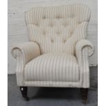 Victorian style armchair, striped upholstery, turned legs, 79cm.