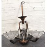 French oxidised copper centre light fitting, frosted ice pattern shades,