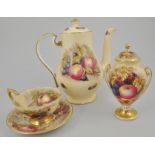 A large collection of Aynsley fruit pattern china, including teaware, vases and ornaments.