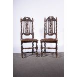 Set of four Victorian carved oak dining chairs, barley twist supports,