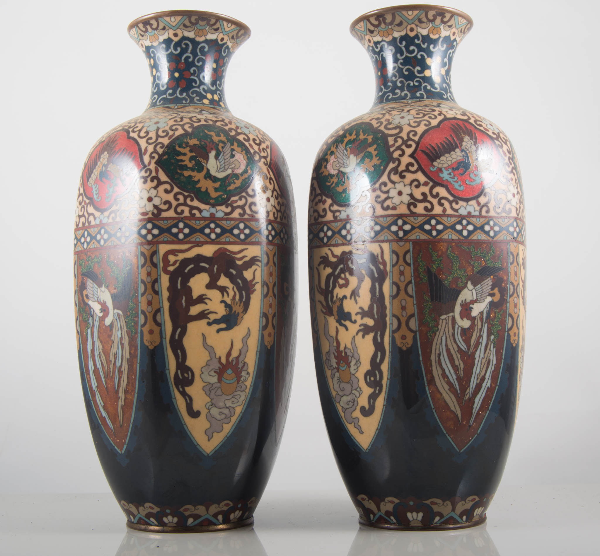 Pair of Chinese cloisonne ovoid vases, hexagonal section,