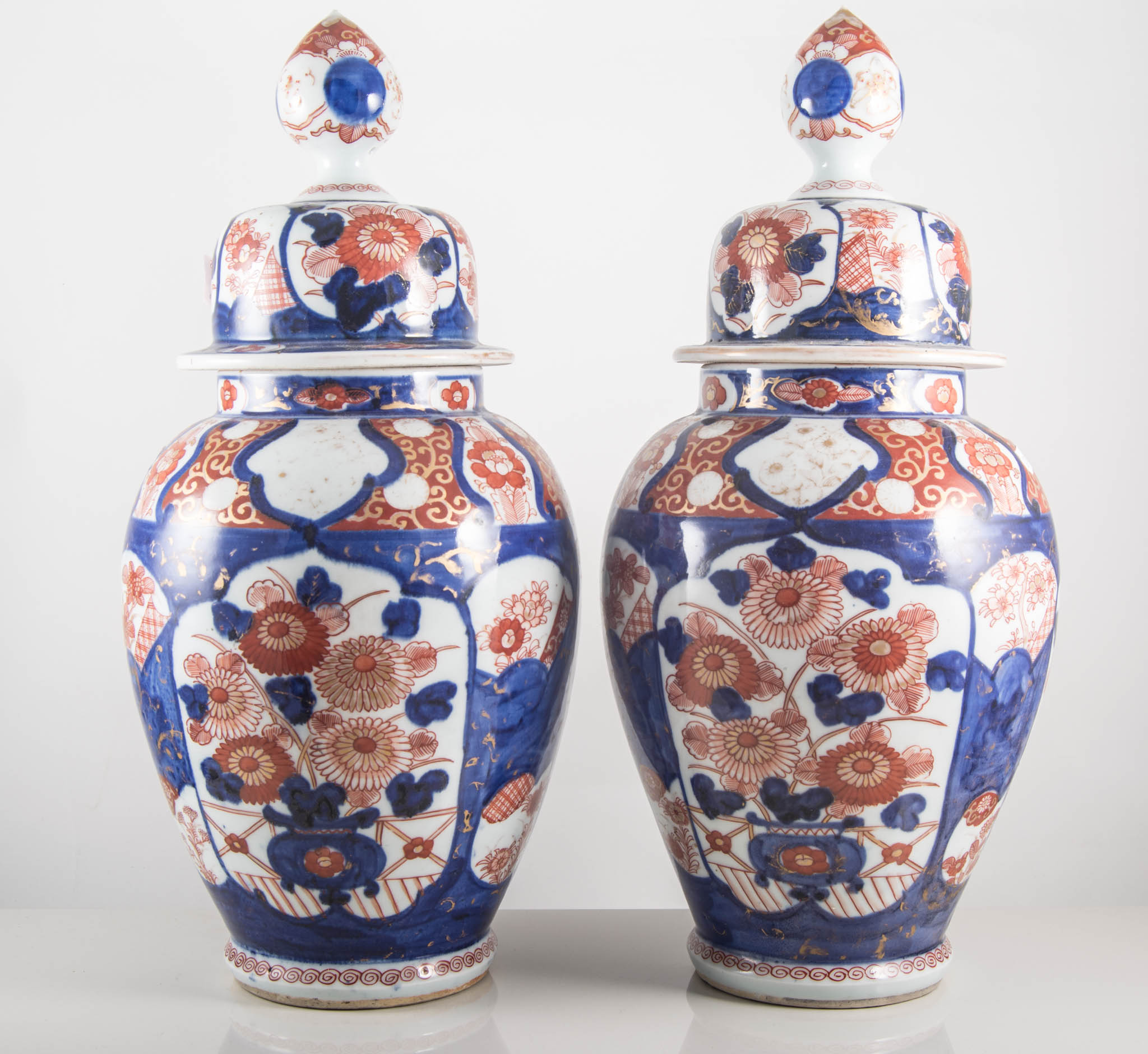 Pair of Japanese Imari baluster vases and covers, 42cms and a similar vase, 30cms, (3). - Image 2 of 2