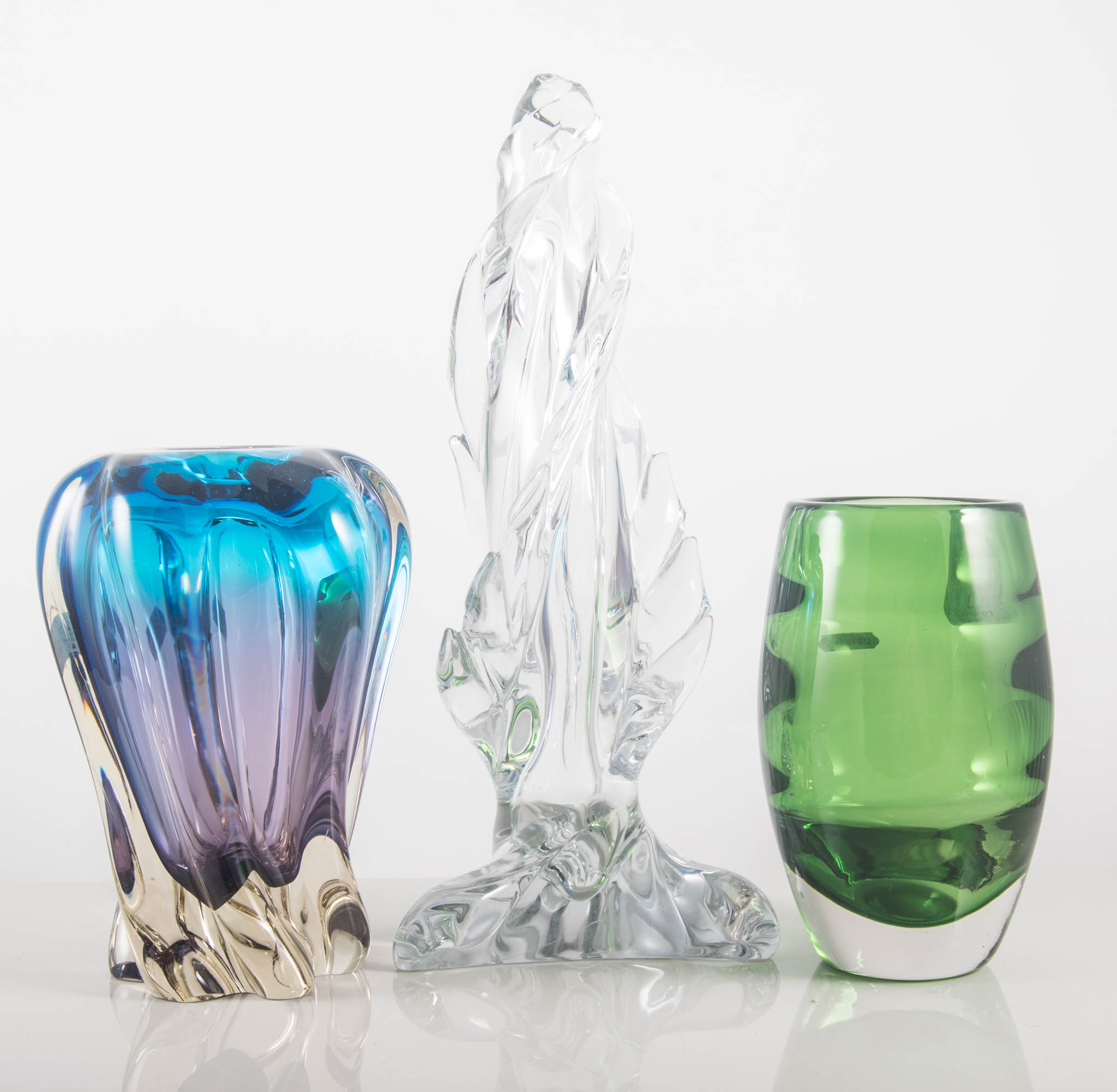 Murano clear glass flame, height 29cm, chipped, and two Murano glass vases and a bowl, (4).