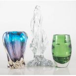 Murano clear glass flame, height 29cm, chipped, and two Murano glass vases and a bowl, (4).