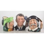 Royal Doulton character jugs, Ronald Reagan D6718, Mr Quaker D6738, Sairey Gamp Sancho Panca D6456,