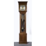 Modern eight day longcase clock with chime, 11" brass dial with Roman numeral chapter ring,