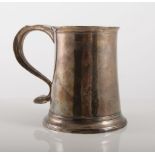 George II silver mug, Newcastle probably 1757, straight sided tapering form, S scroll handle, 13cms.