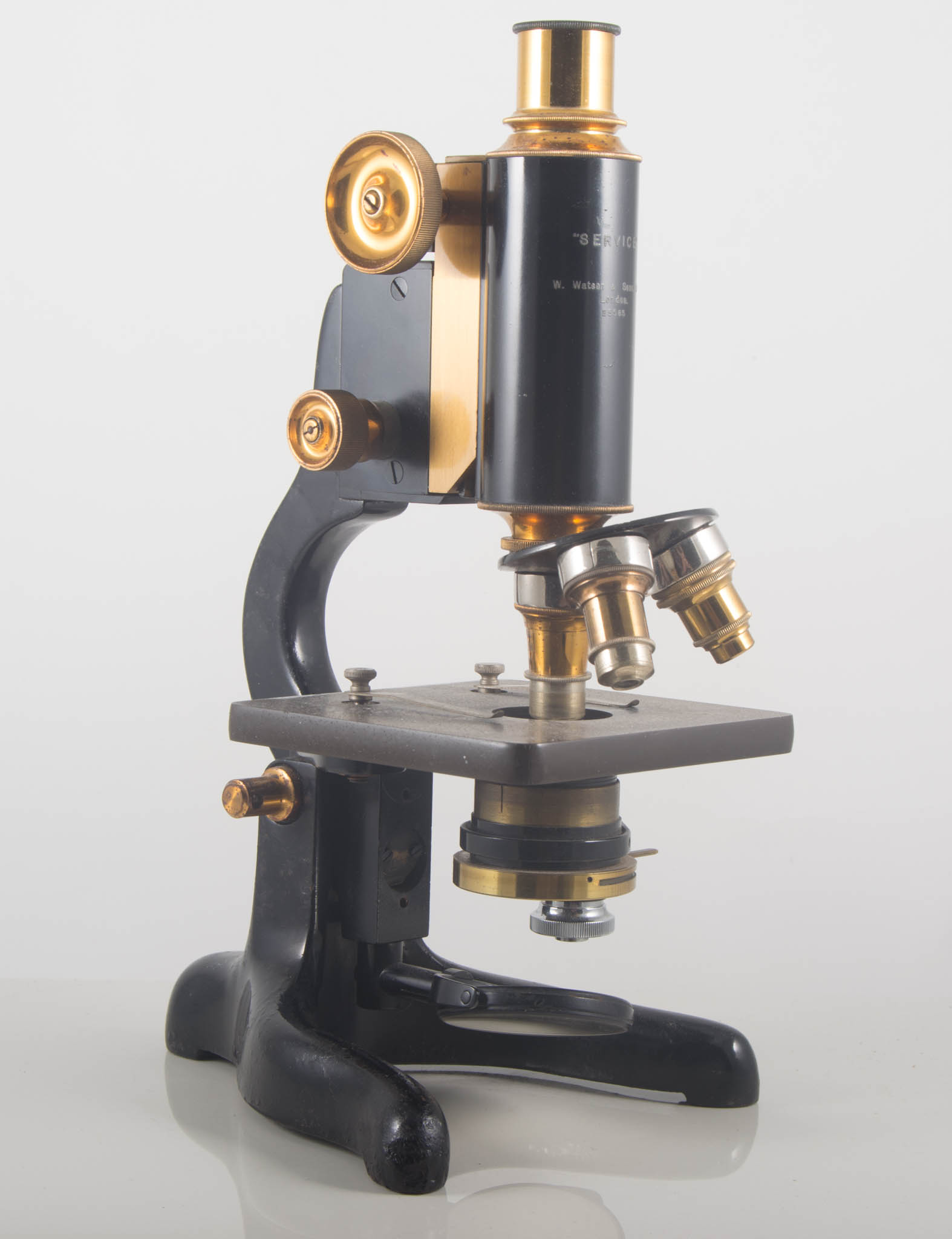 Watson "Service" microscope, with lenses, walnut case, height 35.5cms.