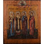 Russian Icon, 18th or 19th Century, four named Saints in conversation, tempera on panel,