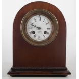 Edwardian stained mahogany mantel clock, white enamel dial (repaired), signed J W Benson,