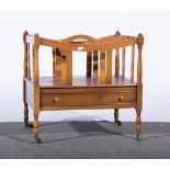 Reproduction yew wood Canterbury, drawer base, turned legs, width 49cms.