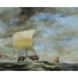 English School, Barge at sea, oil on slate panel, tondo, diameter 50cms, oak frame.