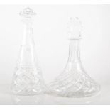 Cut glass ships decanter with stopper, height 28cm, another ships decanter and a tapering decanter,