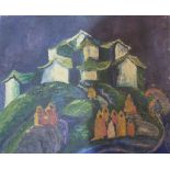 A naive oil on canvas depicting a Tibetan/Nepalese settlement on a hill with figures in the