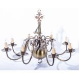 Dutch style brass hanging light fitting, with eight scrolled branches, diameter approximately 80cms.
