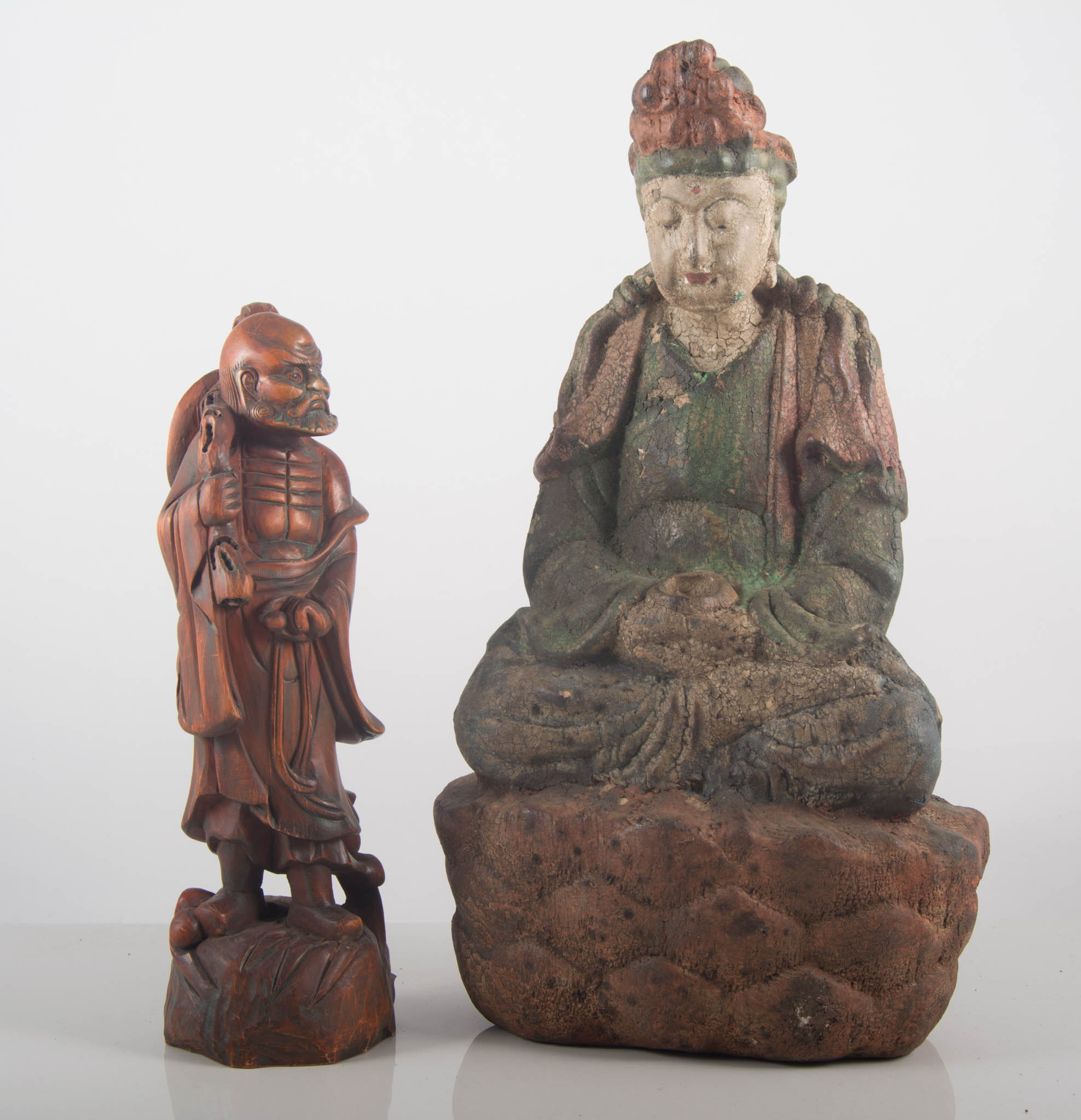 Asian carved wooden seated figure, other carvings etc.