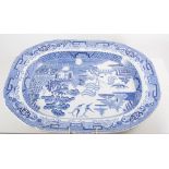 Three meat plates, two blue and white, Willow pattern, 35cm x 45cm, larger 'Canton' meat plate,