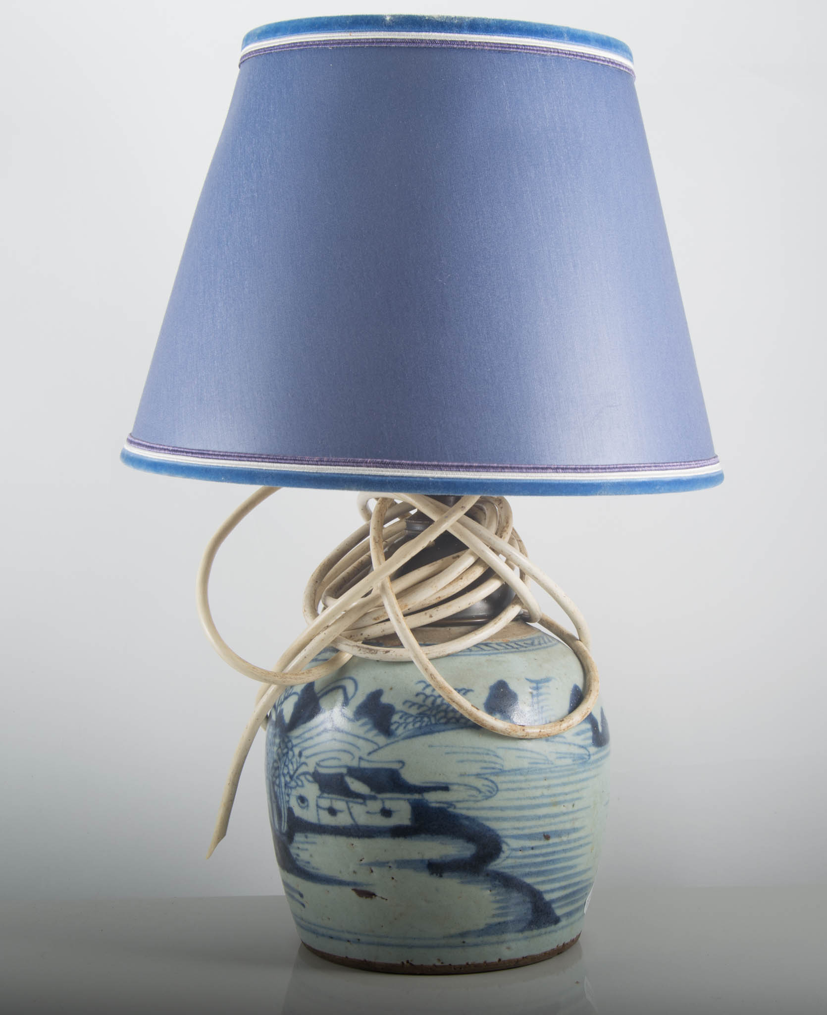 Chinese blue and white ginger jar base, converted to a lamp, with shade, height overall 43cm.