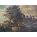 Cottage and river scene on board, 38 x 50cms, in ornate painted gilt frame.