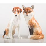 Royal Worcester model of a seated Hound, 19cms and a similar model of a Fox, (2).