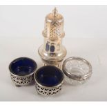 Silver oval mustard, pierced sides, blue glass liner, marks worn, height 7.