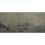 Harold Wyllie, HMS Sussex monochrome etching, 16.cm5 x 35.5cm.