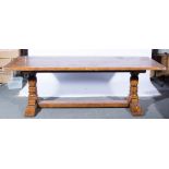 Large joined oak kitchen table, boarded top with cleated ends,