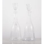 Pair of slice cut and etched mallet decanters with tapering stoppers, height 35cm.