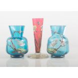 Pair of blue glass posies, hand painted with birds and prunus and one similar,