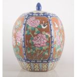 Chinese polychrome hexagonal barrel, and a jar and cover decorated with birds and flowers,