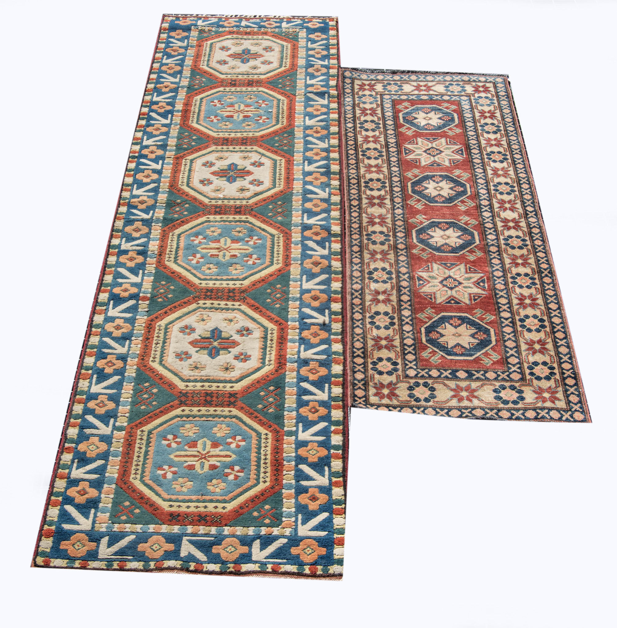 Turkish Aladag runner, tile shaped medallions in a blue border, 274 x 75cms and a Kazak runner,