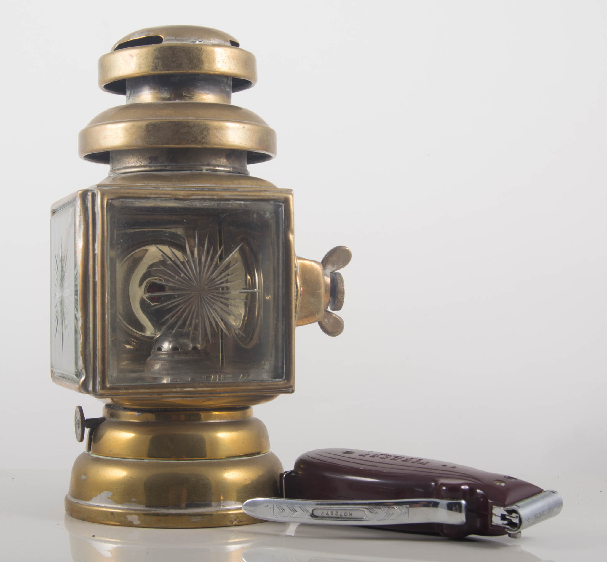 Carriage lamp, stamped "Dependence, JR Oldfield", Bakelite, folding camera, hand torch,