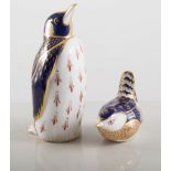 Royal Crown Derby porcelain paperweight, designed as a penguin, 13cms, and another, a wren.